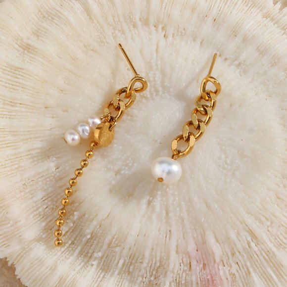 Asymmetrical Dainty Drop‎ Pearl Earrings 18K Gold Plated Stainless Steel - Picture 8 of 11